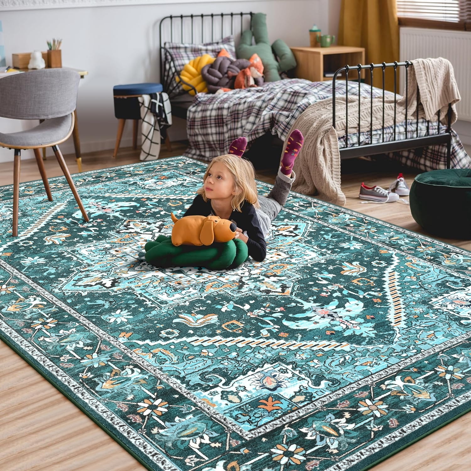 Homore Vintage Boho Oriental Medallion Area Rug, 5' x 8', Green