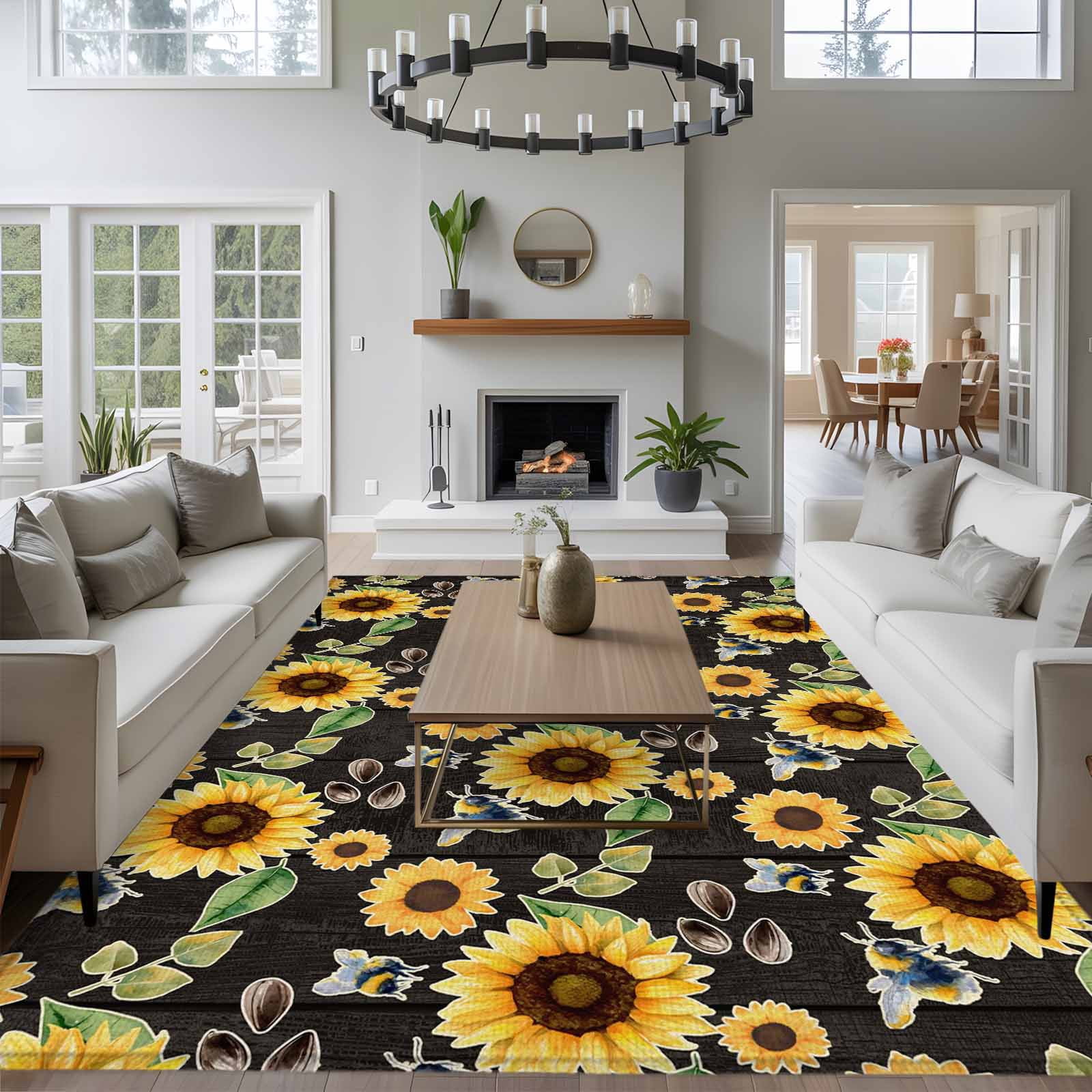 Large Area Rugs for Living Room Bedroom, Yellow Sunflowers 5'x8' Rug Washable Carpet Runner Indoor Outdoor, Summer Botanical Elegant Pastoral Bees Non Slip Floor Mats Rug for Kitchen, Bathroom