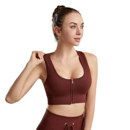 

Spdoo Sports Bras for Women Seamless Zip Front Closure Yoga Running Bra Brown L