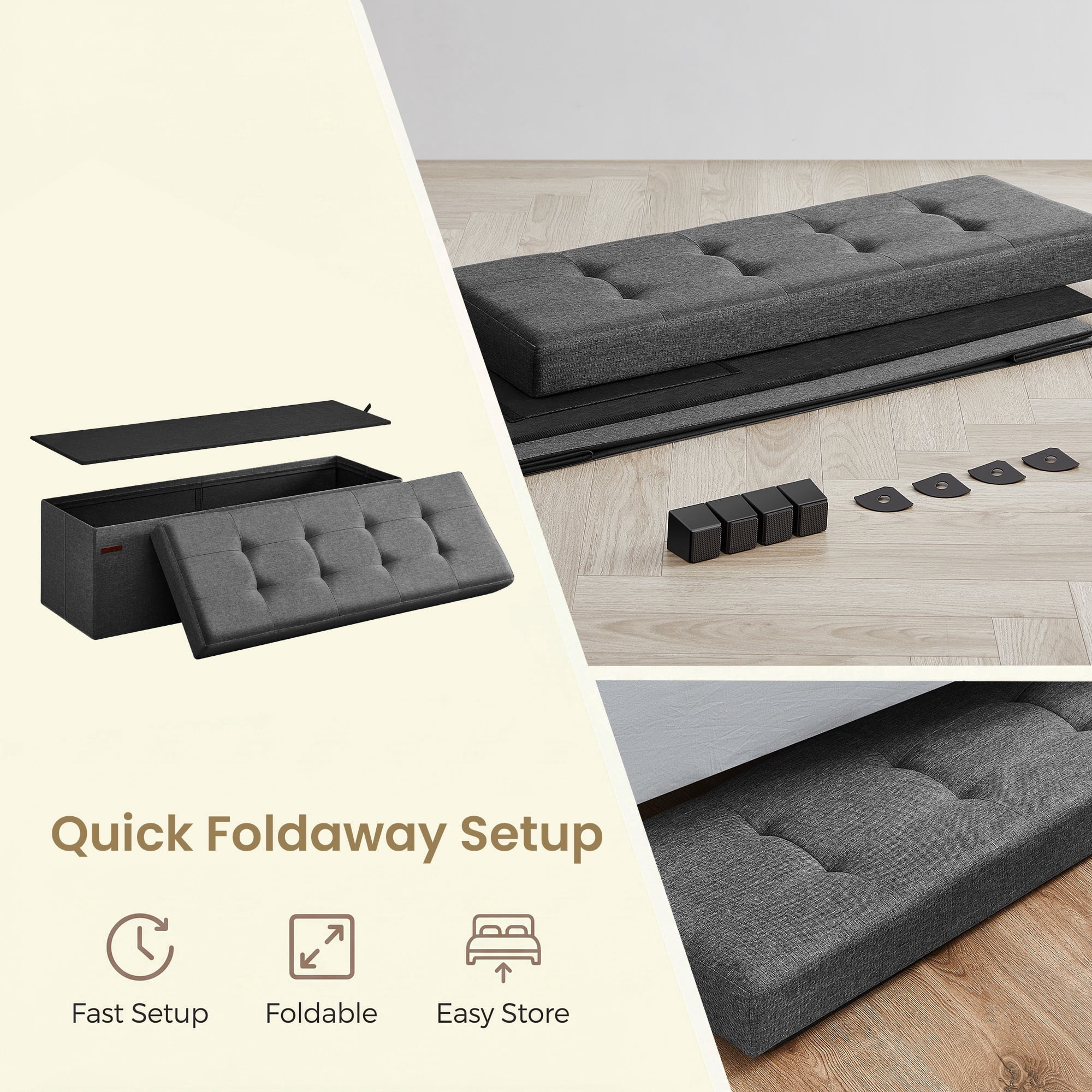 Ledrem Large Folding Storage Ottoman Bench with Footrest, Slate Gray