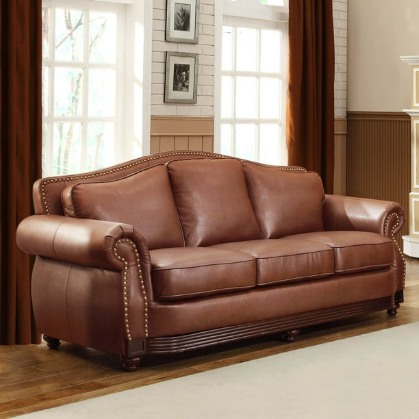 Homelegance Midwood Sofa In Dark Brown, Brown Leather Camelback Sofa