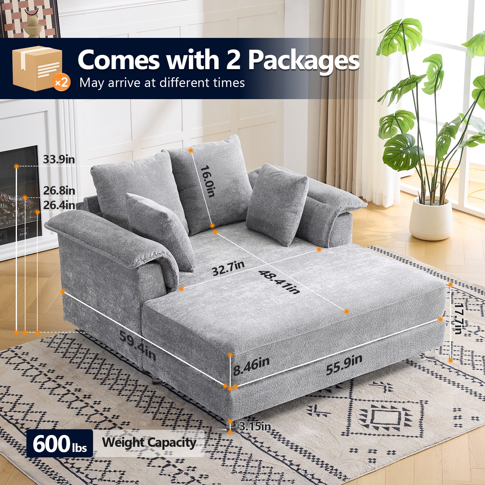 Ktaxon Jacquard Plush Fabric Chaise Lounge, Sofa Bed with Acrylic Legs, Floating Sleeper with Pillow Armrest, 2-Person Seating for Living Room & Game Room Blue-Gray