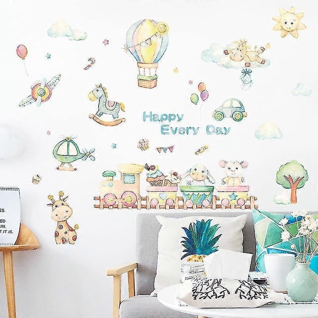A set of animal wall stickers with hot air balloon, clouds, sun - wall decoration for children's room, baby room, living room