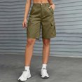 thumbnail image 7 of Bermuda Cargo Denim Shorts for Women Knee Length 6 Pockets Elastic Waist Long Jorts for Summer Casual Army Green M, 7 of 7