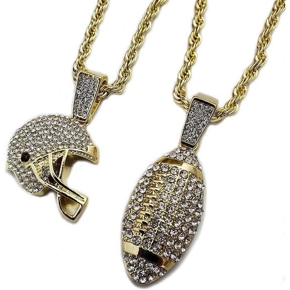 Gold Plated Iced Football Helmet & Ball Cubic Zirconia Pendant & 4mm 24" Rope Chain Hip Hop Style Jewelry 2 Necklace Set