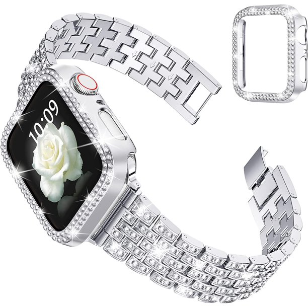 Correa de diamantes con purpurina y estuche para Apple Watch de 42 mm, Bling Men Women Crystal Rhinestone Correa de repuesto de metal de acero inoxidable para iWatch Series SE654321 (Plata)