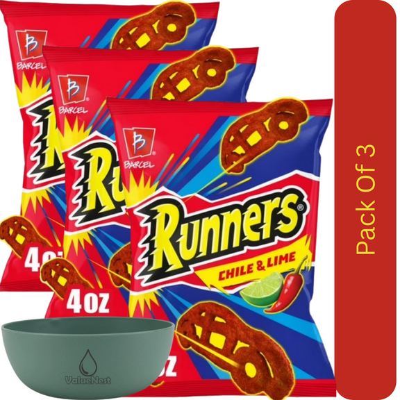Barcel Runners Spicy Chili & Lime Corn Snacks, Crunchy Bold Flavor, 4 oz Snack Size Bag With Olive Green Bowl By ValueNest