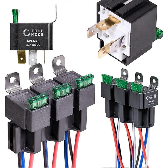 6 Pack 4-Pin 12V Bosch Style Fused Relay Switch Kit [Interlocking Harness Socket Holder] [14 AWG Hot Wires] [SPST] [30 Amp] 12 Volt Automotive relays