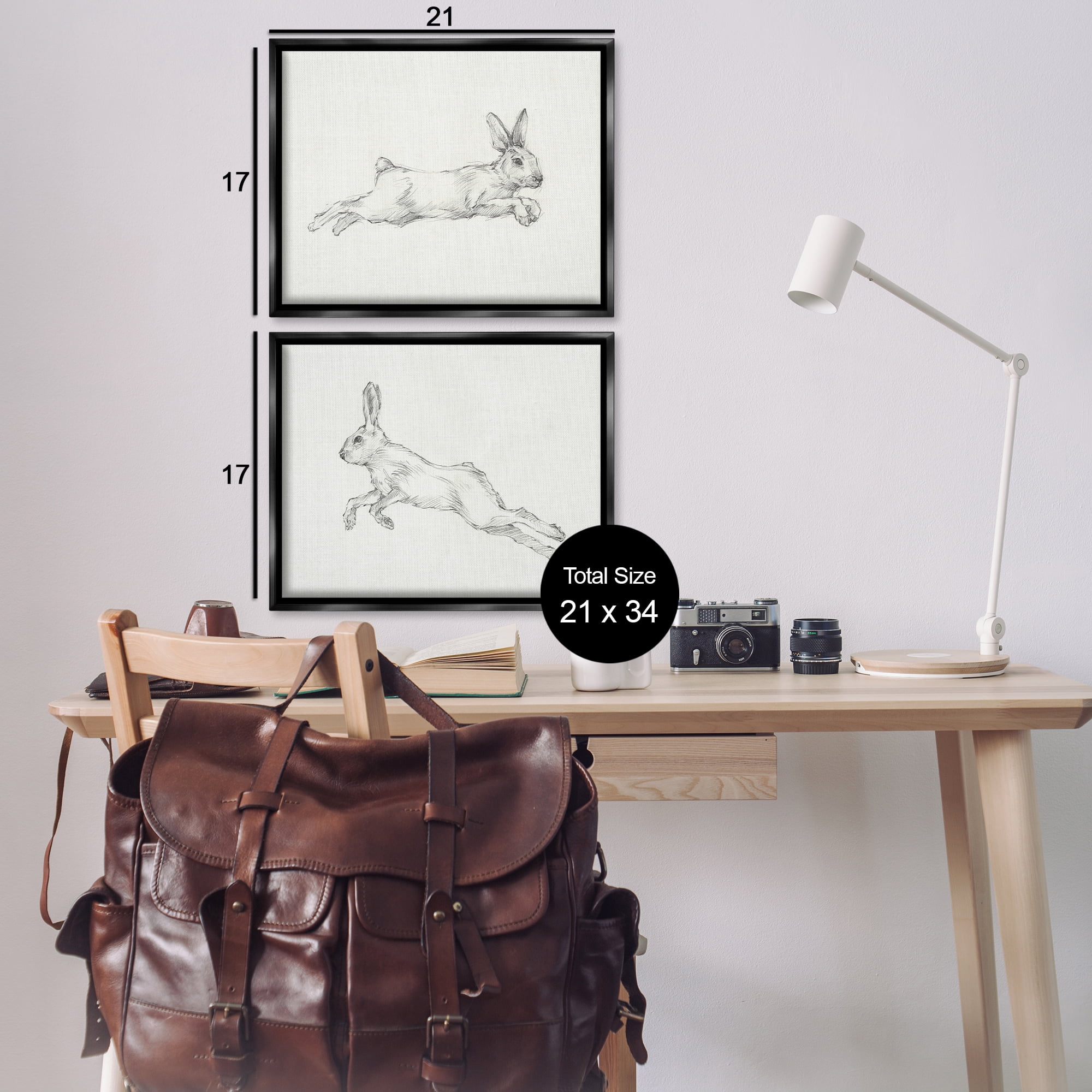 Stupell Industries Pencil Sketch Rabbit Jumping Animals Drawing Black Floater Framed Canvas Art Print Wall Art, 21 x 17, Set of 2