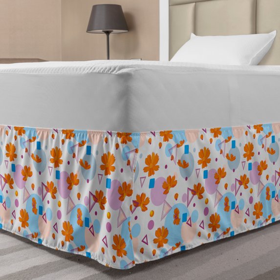 Abstract Bed Skirt, Modern Fun Graphic with Petals and Colorful Geometric Shapes Print, Elastic Bedskirt Dust Ruffle Wrap Around for Bedding Decor, 4 Sizes, Pale Taupe Multicolor, by Ambesonne