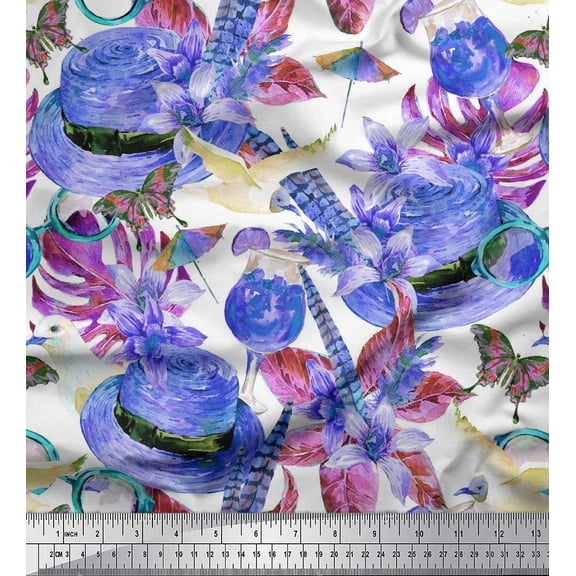 Soimoi Georgette Viscose Fabric Floral,Wine Glass & Hat Fashion Print Fabric by Yard 42 Inch Wide