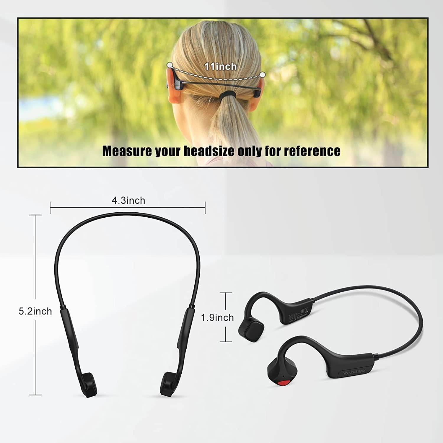 YouthWhisper Bone Conduction Headphones Bluetooth 5.0 with Mic, Titanium Lightweight, Open-Ear Wireless Sweatproof, Music Answer Phone Call for Running Hiking Driving Bicycling - Black