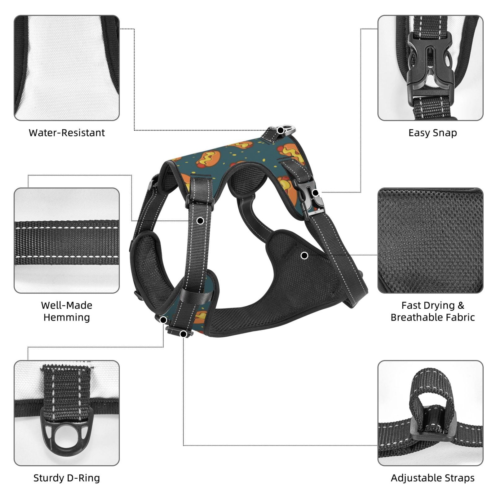 Kdxio Hot Dog 6 Print No Pull Dog Harness Adjustable Reflective Oxford Easy Control Medium Large Dog Harness for Training and Everyday-X-Large