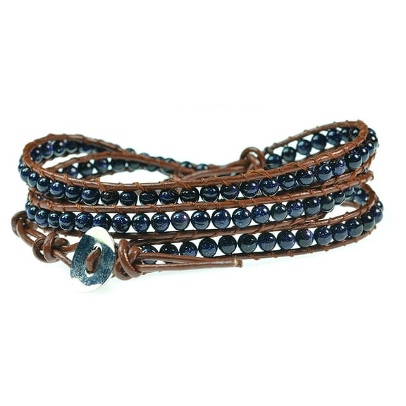 Handmade 26" Blue Sandstone on Geniune Brown Leather Wrap Bracelet