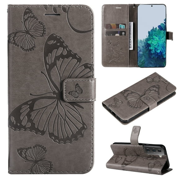 Allytech Galaxy S22+ Wallet Case,Galaxy S22 Plus 5G Case, Big Butterfly Embossed Kickstand Flip Cover Shockproof Drop Protection Wrist Strap Cards Holder Wallet Case for Samsung Galaxy S22+ - Gray