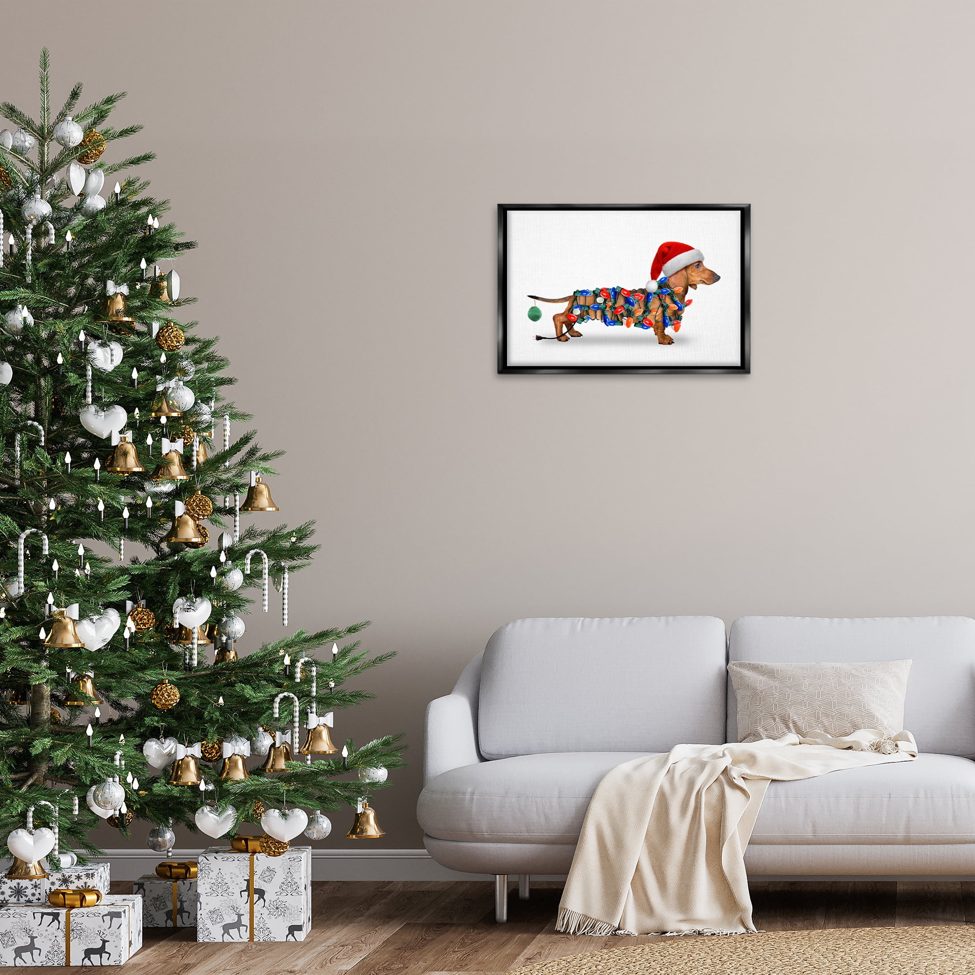 Stupell Industries Christmas Lights Wrapped Dog Holiday Painting Black Floater Framed Canvas Art Prints Wall Art, 25 x 17