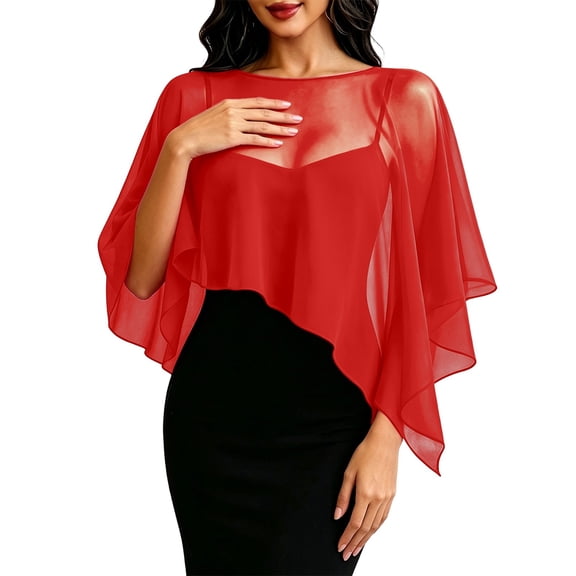 YUEHUA Women's Chiffon Shawl Wrap Capelet Batwing Sleeves Elegant Evening Wedding Top Sheer Mesh Asymmetric Hem Formal Cover Up
