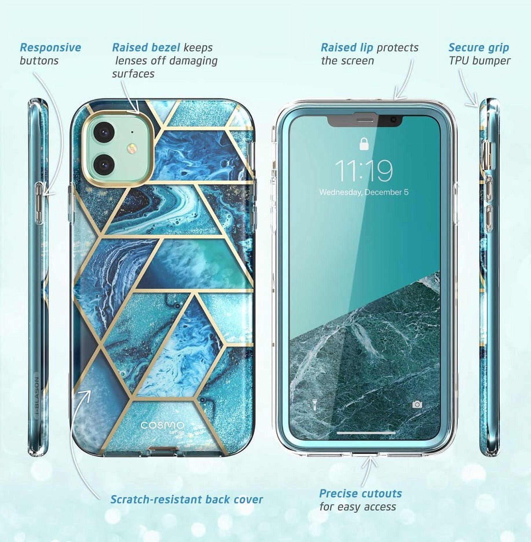 i-Blason Cosmo Series Case for iPhone 11 (2019 Release), Slim Full-Body Stylish Protective Case with Built-in Screen Protector, Ocean, 6.1''