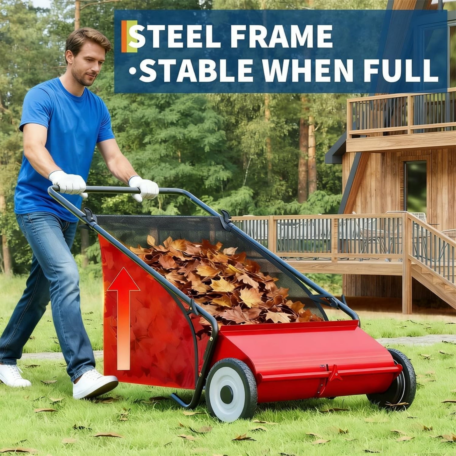 Riedhoff 26" Push Lawn Sweeper,4 Spinning Brushes, 7 Cu. Ft Capacity Collection Bag, Adjustable Height, Red