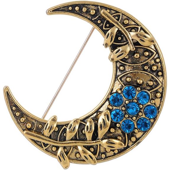 Vintage Moon Brooch Pin for Women Blue Rhinestone Crescent Leaf Lapel Pins Elegant Christmas Thanksgiving Brooches Clothing Shirt Badge Suit Coat Accessory Jewelry