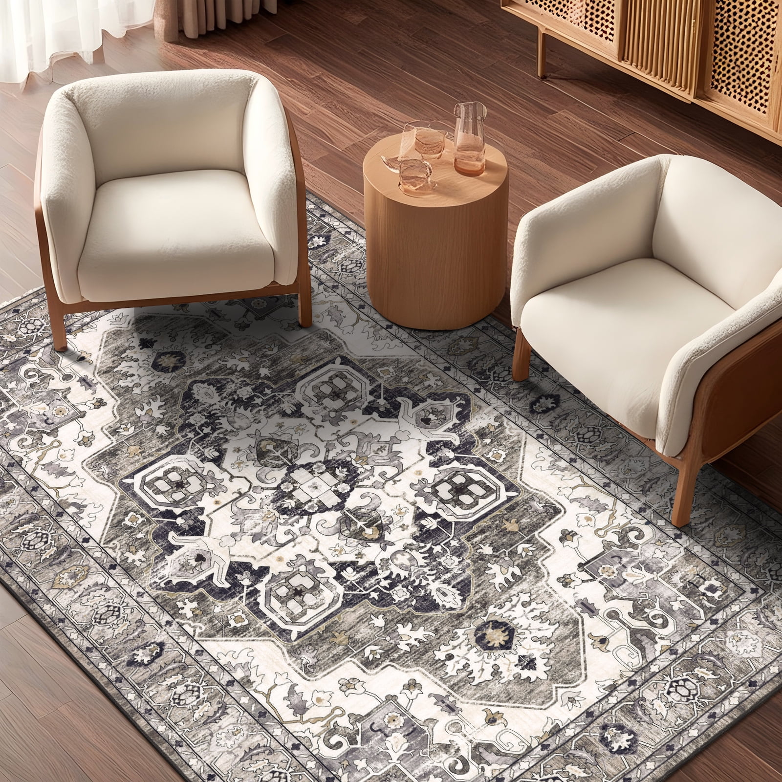 Ileading 5'x8' Boho Area Rug for Living Room, Non Slip Machine Washable Rugs Vintage Floor Carpet for Bedroom Dinning Room Kitchen, Brown