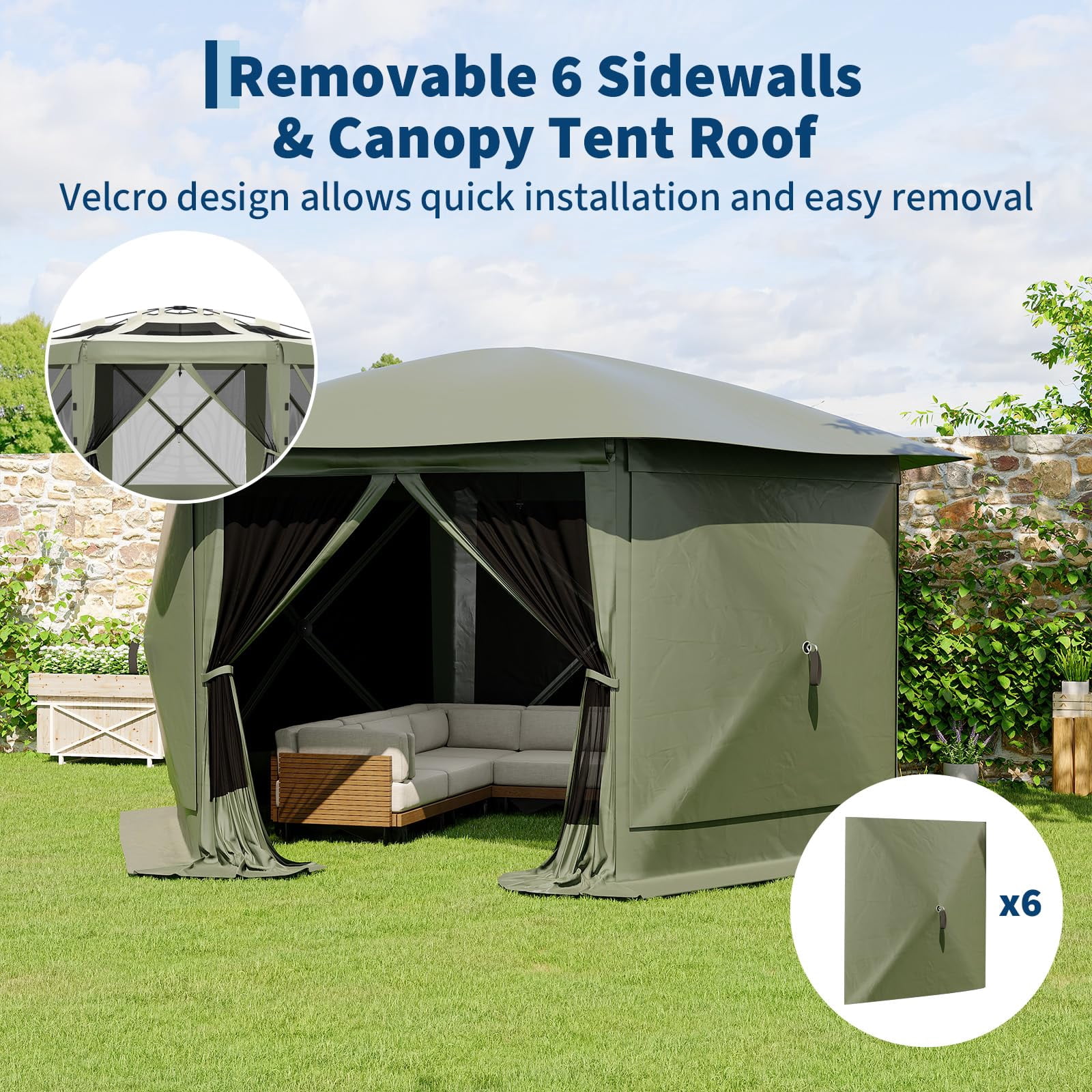 Memoryfield 11.5x11.5 FT Gazebo Pop Up Screen Tent, Quick-Set 6-Sided Outdoor Canopy with Removable Top, Bite-Proof Sun Shade for Camping, Backyard, Patio, Green