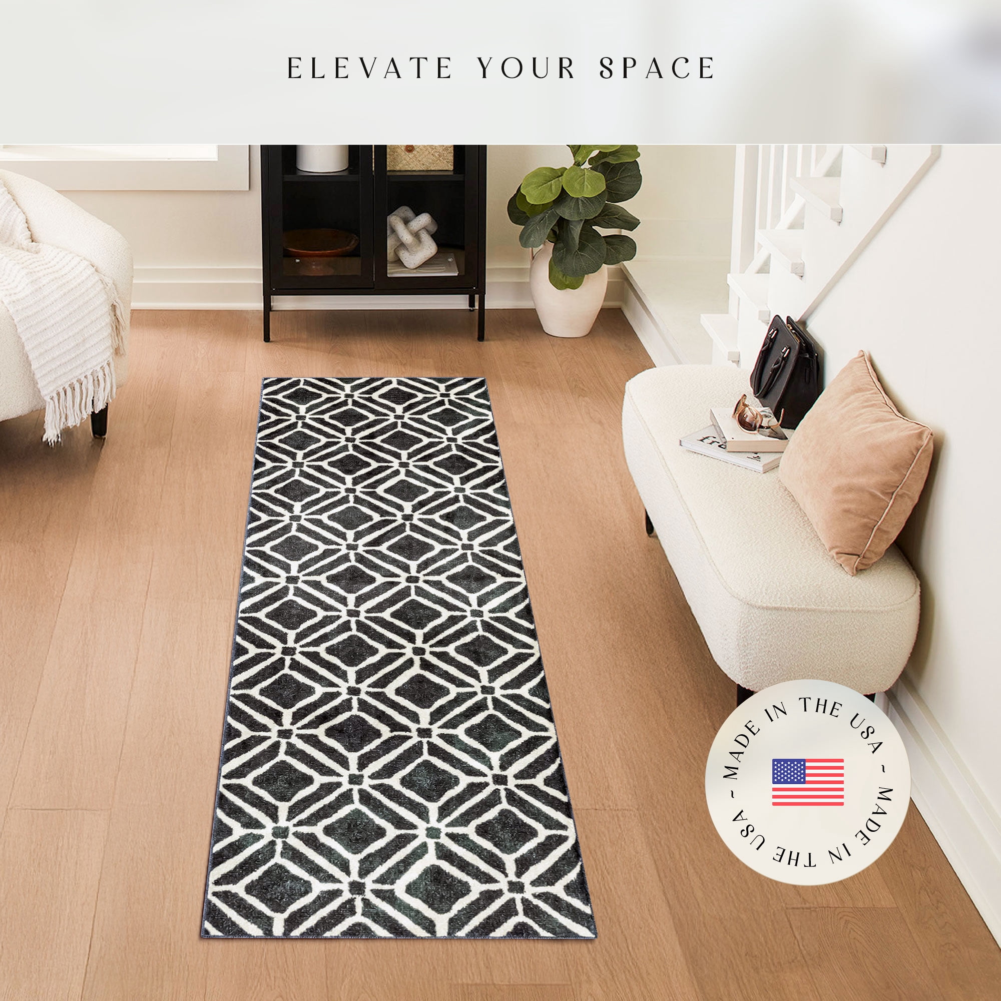 Maples Rugs Moderna Modern Geometric Dark Blue Washable Hallway Runner Rug, 2' x 6'
