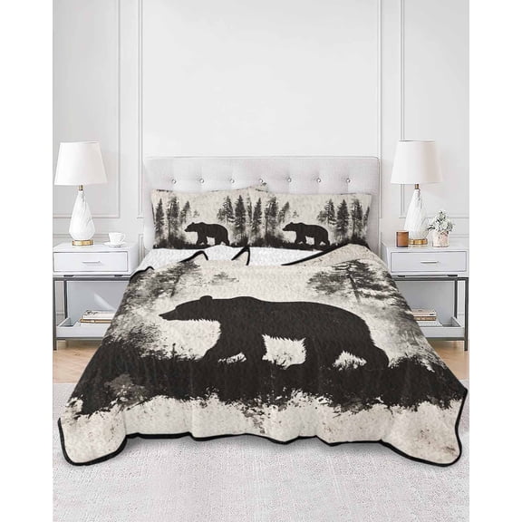 Quilts Twin Size, Black Bear Soft Comforter Bedding Set for Bed, Vintage Rustic Wildlife Forest Woodland Lightweight Quilted Bedspread with Pillow Cover(2 Pieces) for All Season, 68x86 Inch