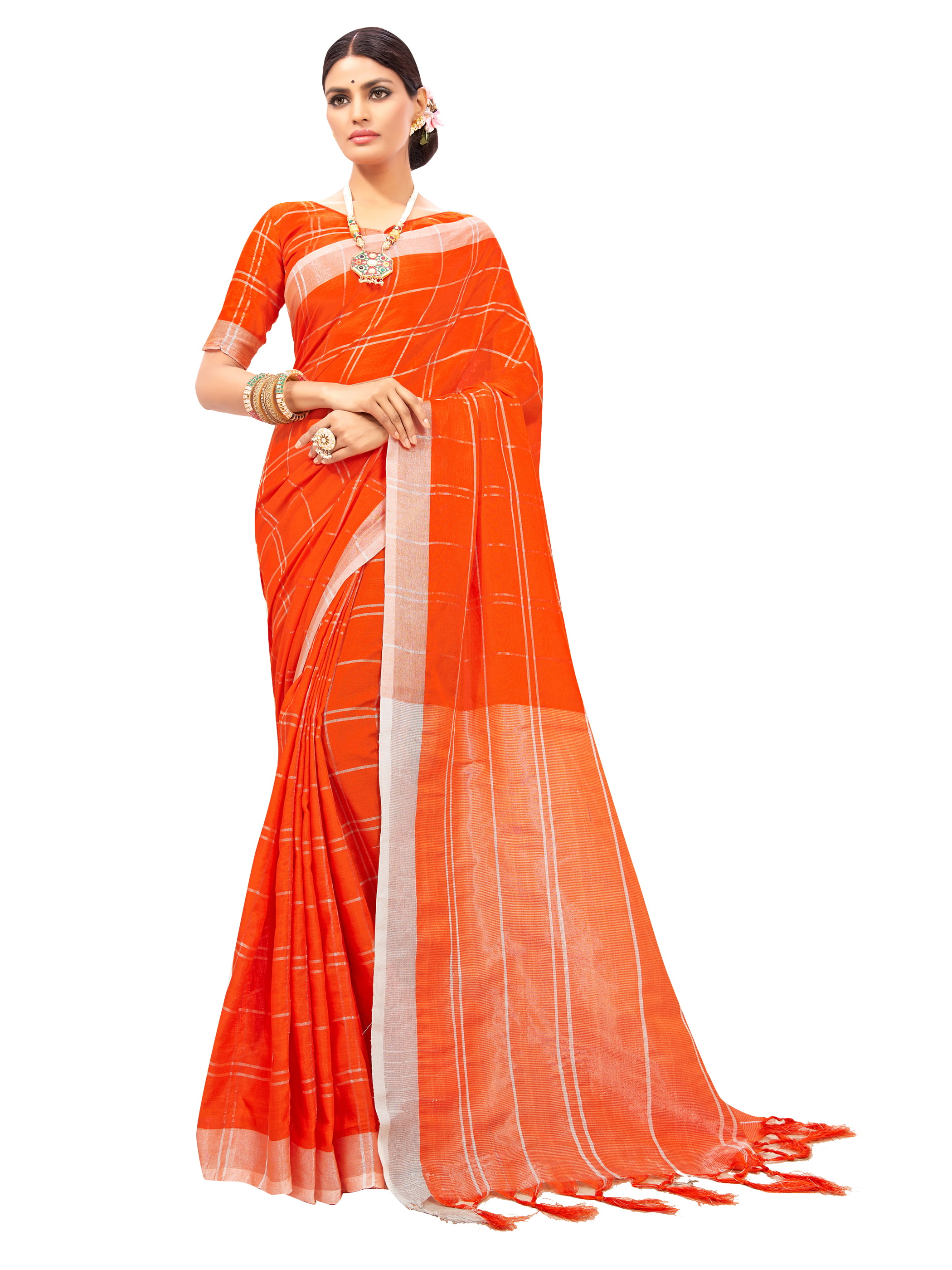 Orange Women's Diwali Special Traditional Cotton Silk Saree With Blouse Piece 