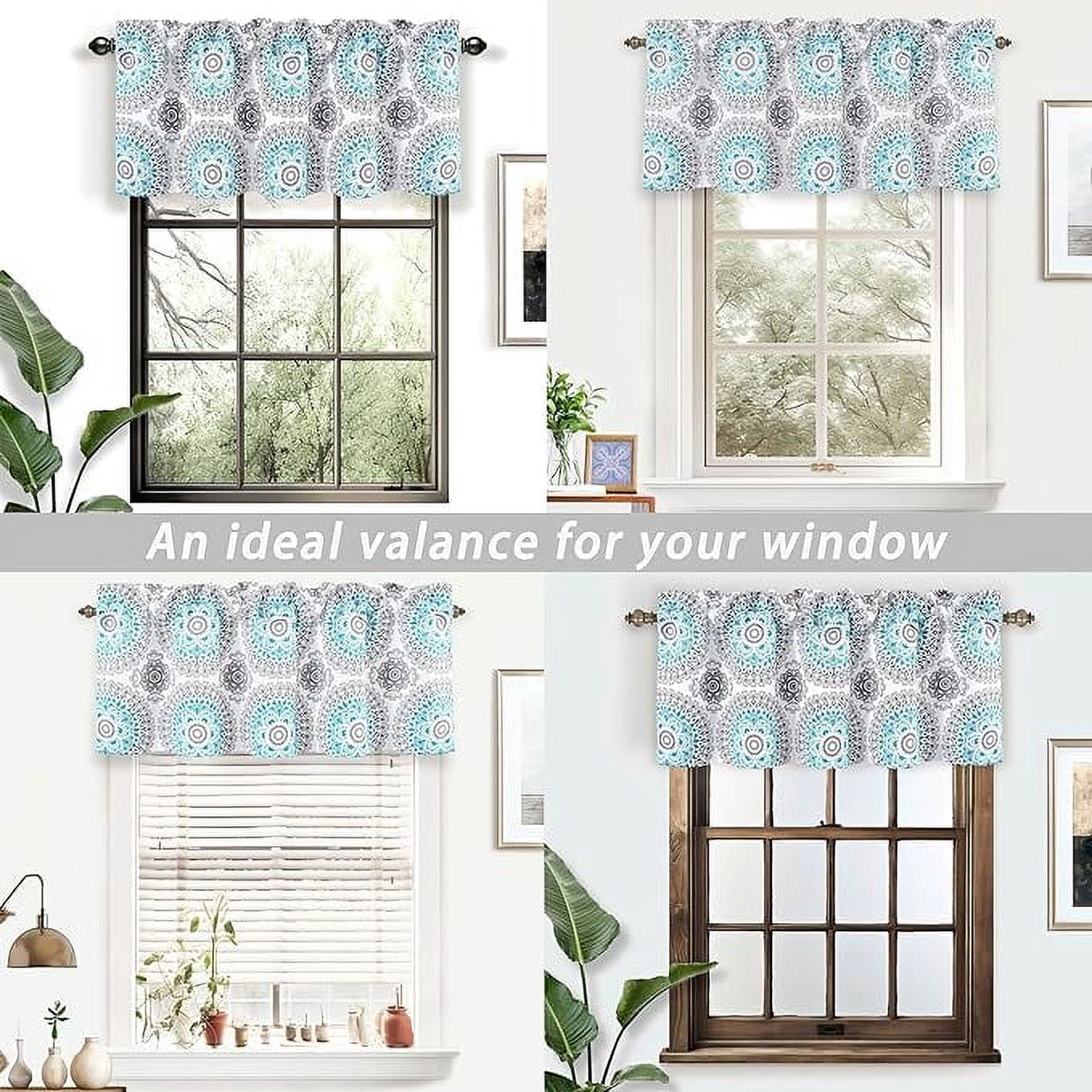 DriftAway Bella Medallion Pattern Room Darkening Rod Pocket Window Curtain Valance 52 Inch by 18 Inch Aqua and Gray