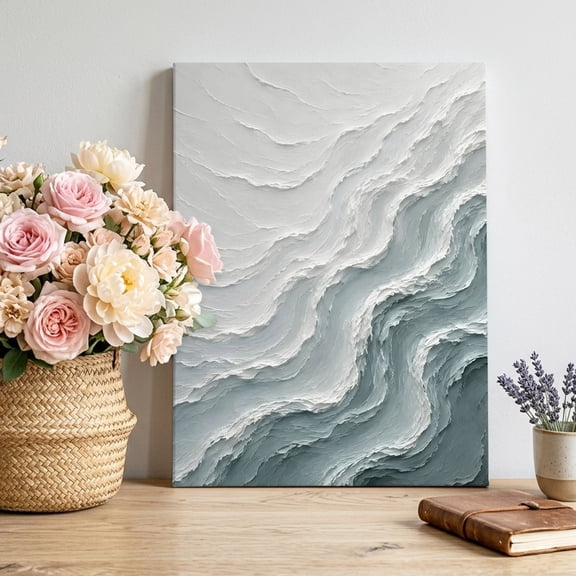 Canvas Wall Art Layered Plaster Wave Canvas Art Print Minimalist Abstract Blue Textured Ocean Pictures Wall Decor for Living Room Bedroom Artwork Decorations Stretched Framed Ready to Hang 20"x30"