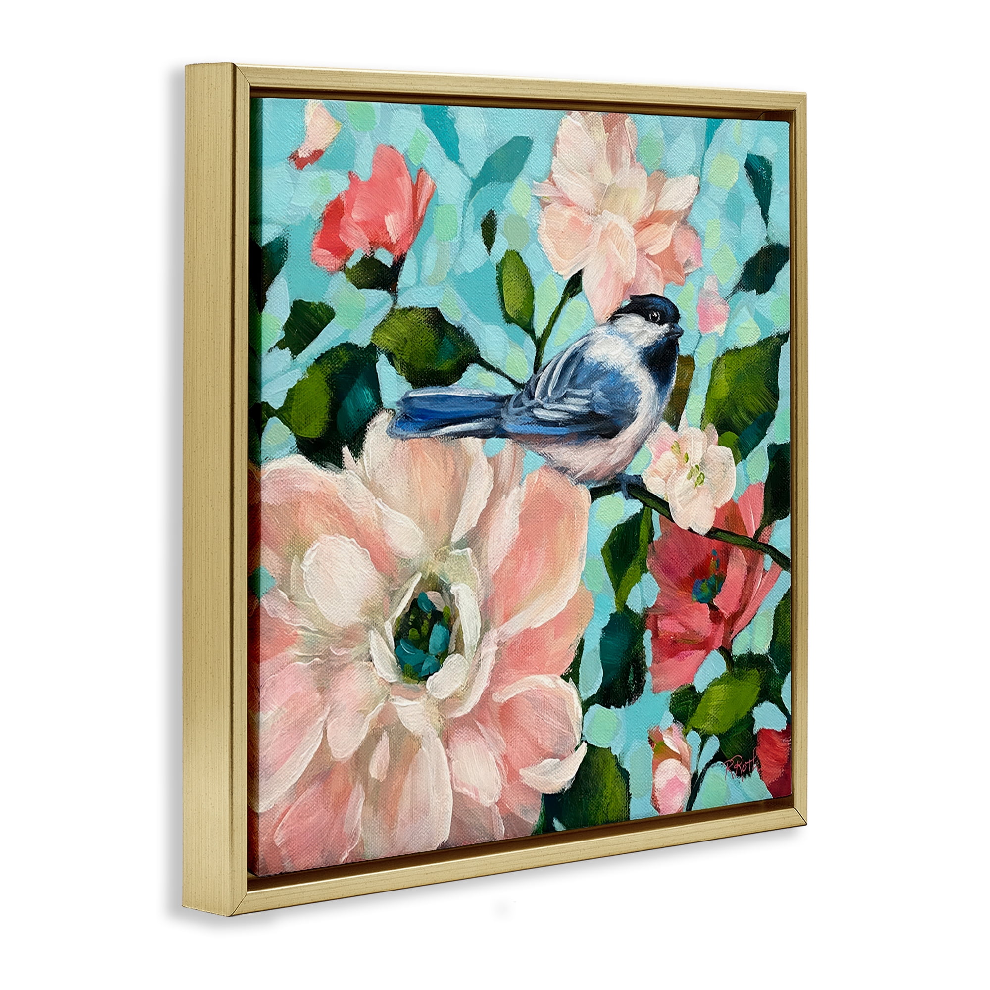 Stupell Industries Blue Bird & Bold Flowers Plants & Flowers Painting Gold Floater Framed Canvas Art Print Wall Art, 25 x 25