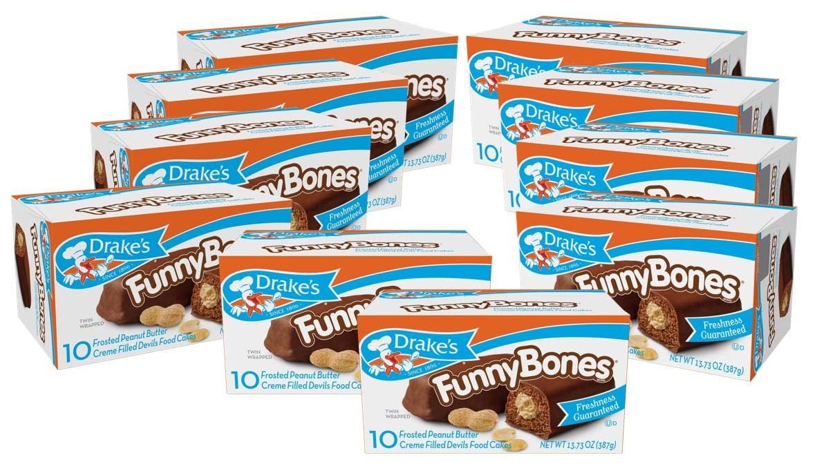 Drakes Funny Bones Snack Cakes, 10 cakes per box, 13.73oz of Funny