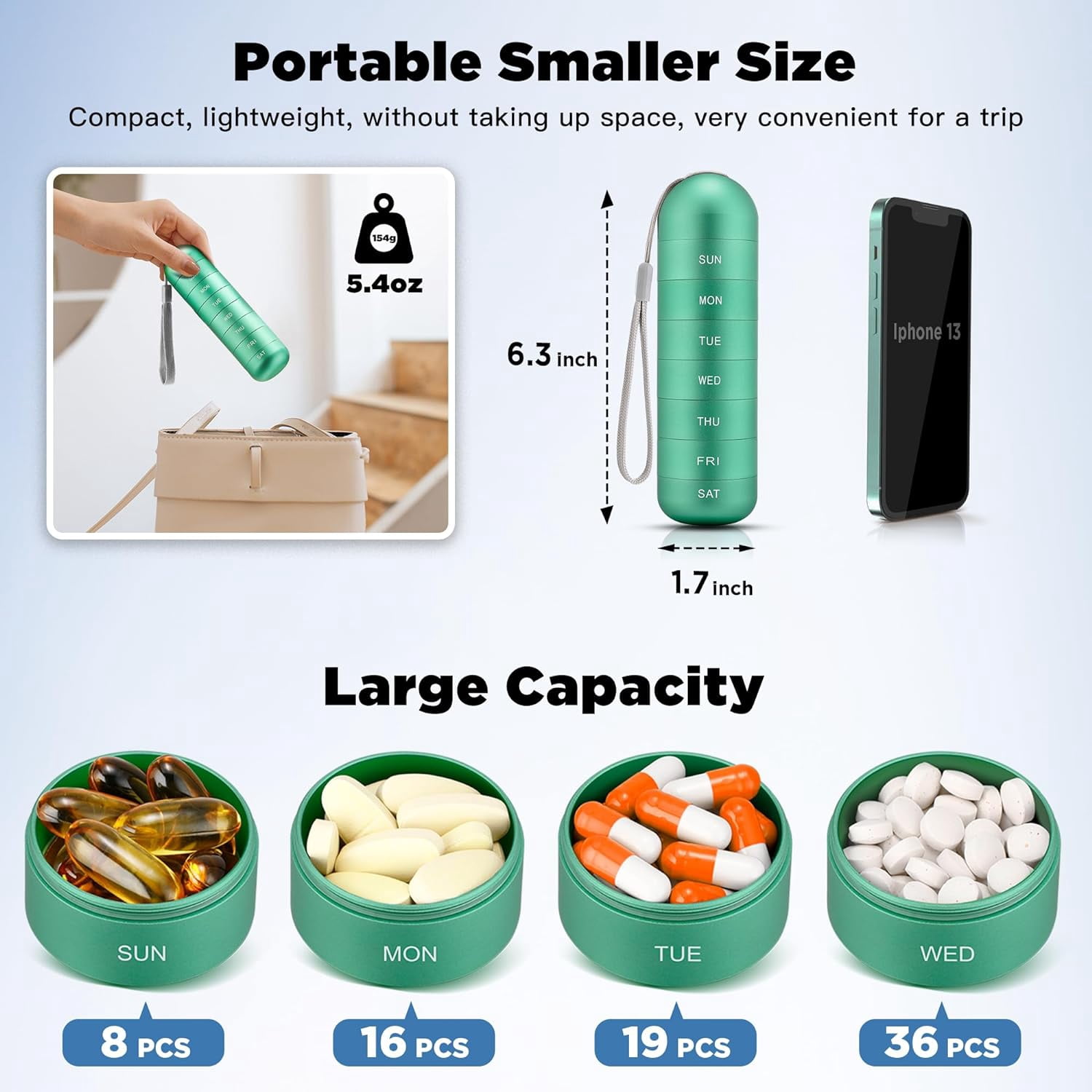 Metal Moisture Proof Weekly Pill Organizer, Stackable Aluminum Alloy BPA Free Travel Hiking 7 Day Pill Box Case Waterproof and Large Compartment to Hold Pills, Vitamins, Fish Oil, Supplements