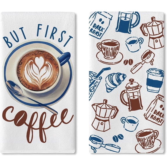But First Coffee Kitchen Dish Towels Set of 2, Coffee Bean Utensils Cup Bread Drying Hand Towel Baking Cooking Cloth, Cafe Bar Station Shop Home Decoration 18'' x 26''