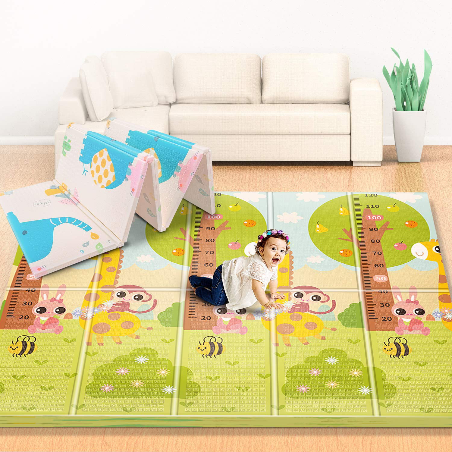 Folding Portable Playmat for Baby Toddlers 79 x 71 Easy to Clean Extra Large Reversible Crawling Mat Letters Premium Foldable Baby Play Mat ,0.6 Extra Thick Non-Toxic Foam Floor Mat
