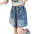 thumbnail image 2 of Fozruso Loose Long Pants for Girls Girl's Casual Elastic High Waist Denim Shorts Cargo Pants With Pocket Sizes 2-3 Years, 2 of 4