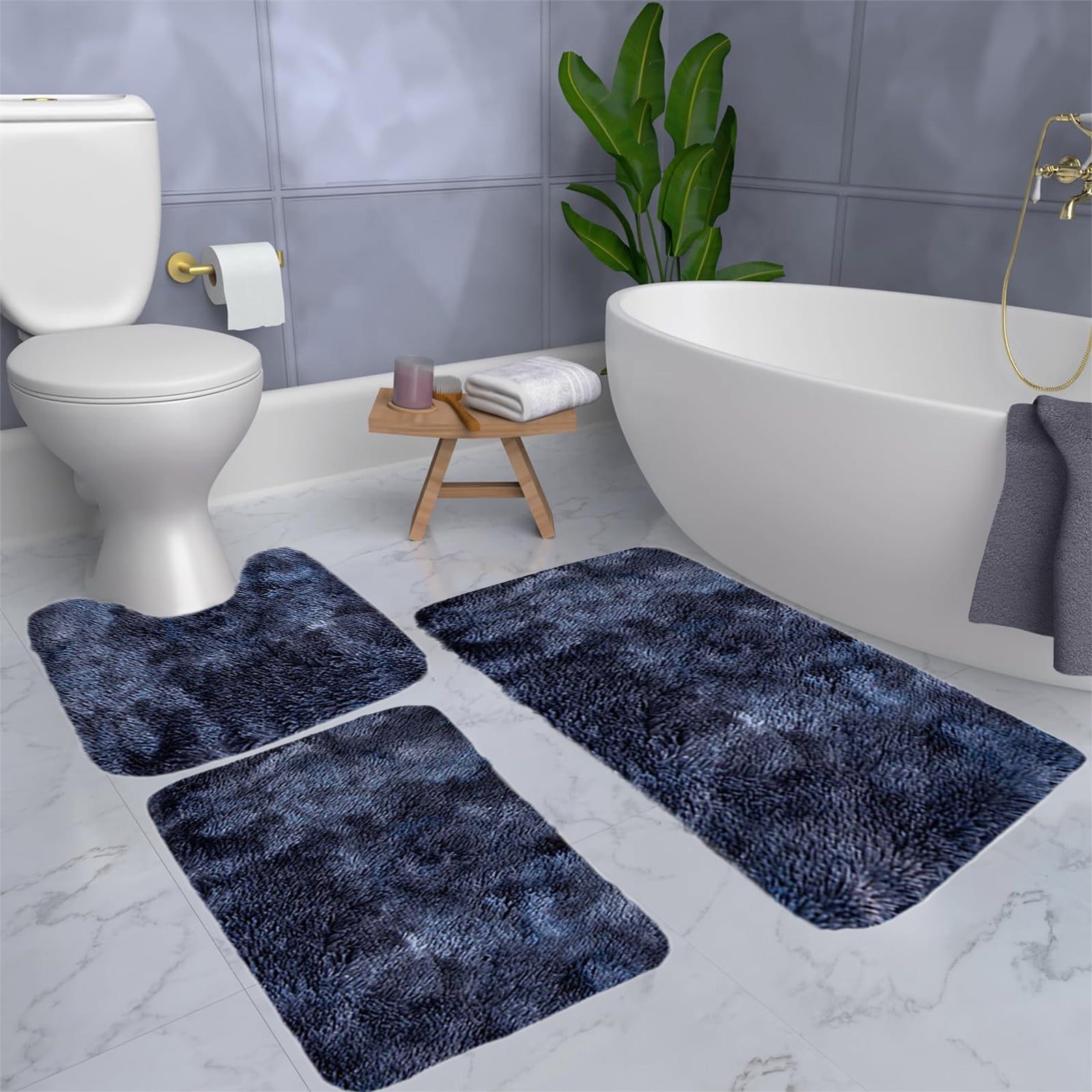 InsCrazy Bathroom Rugs Sets 3 Piece Mixed Color Bath Mats 3 Set Winter Toilet Mats Universal Soft Water Absorption Non-Slip Thick Machine Washable Easy To Dry Dark Bath Decor
