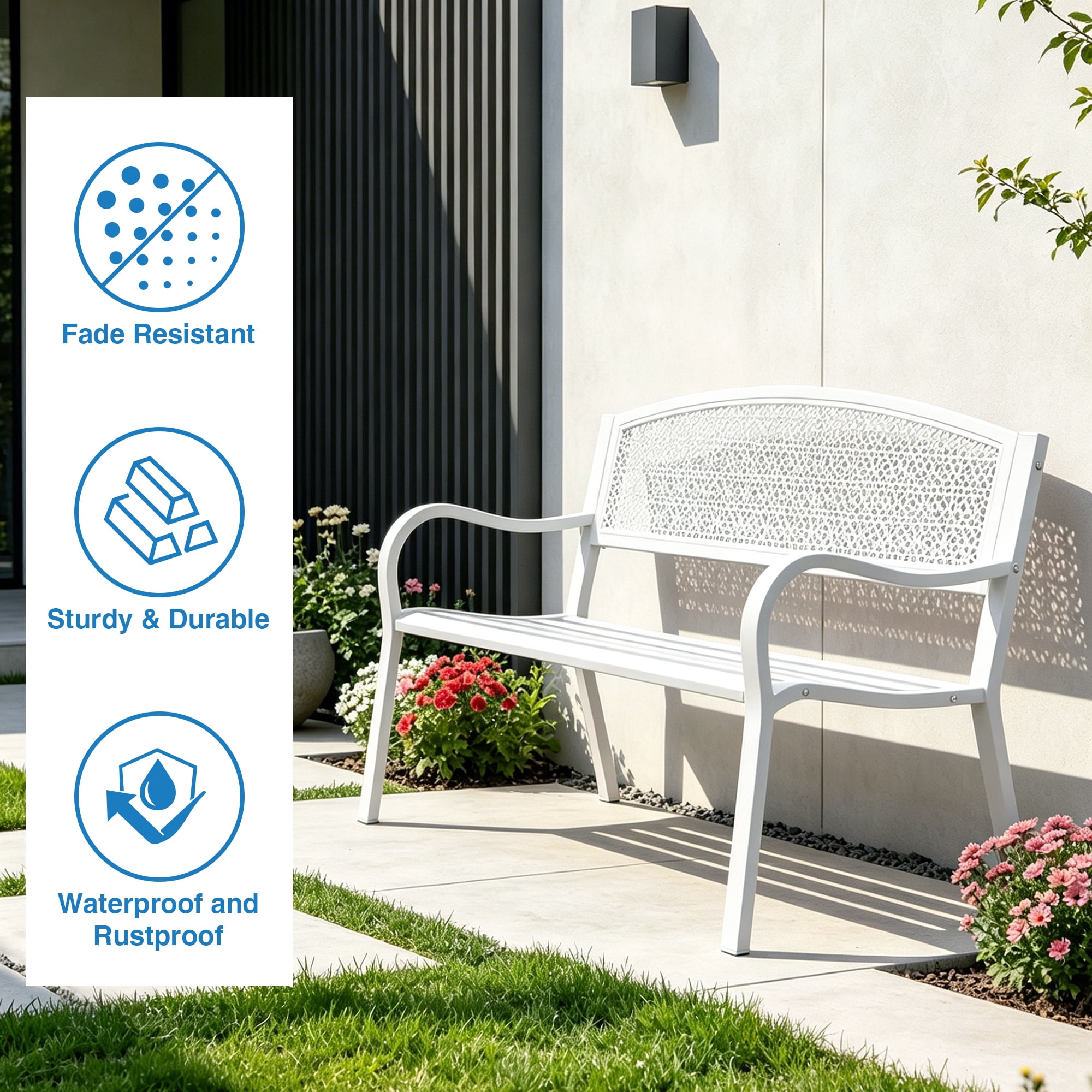 Abble High Back Outdoor Metal Garden Bench Steel Slat Patio Loveseat Park Bench for Porch Yard Lawn Patio Bench, White