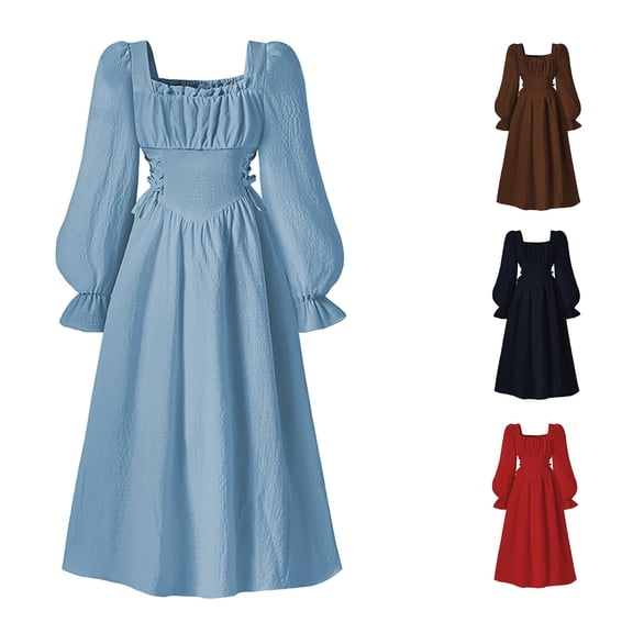FINALGANG Girls Kids Solid Color Square Neck Ruffle Lantern Long Sleeve Side Lace Up Waist Flared Midi Casual Vintage Dress For Child Stylish Dress 8-9 years