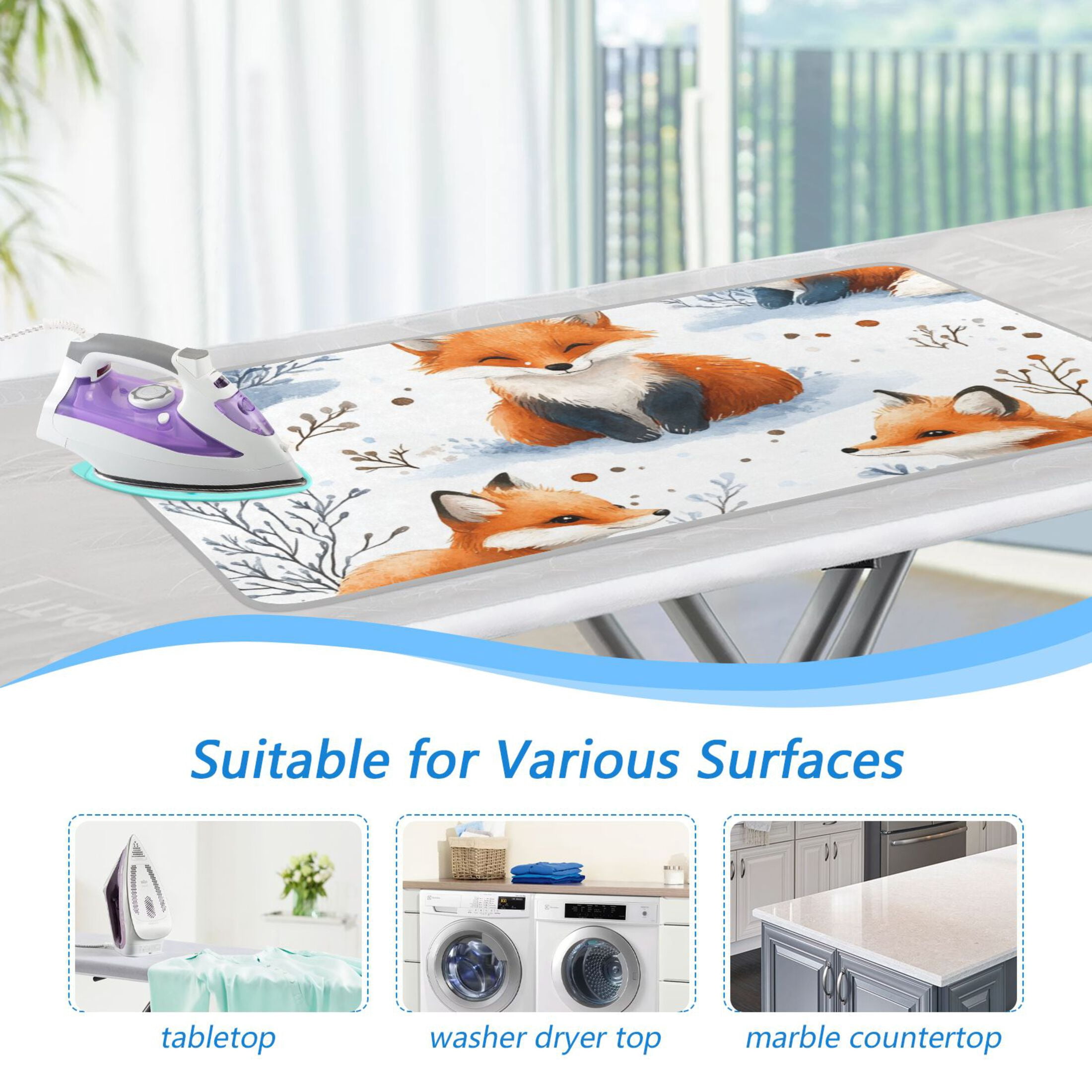 Cartoon Foxes in Snowfield Trees Ironing Mat Blanket Portable Travel Ironing Pad Heat Resistant Pad 47.2" x 27.6”