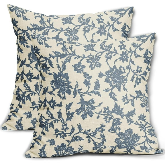 Grey Gray Blue Floral Block Print Pillow Covers 18x18 Set of 2 Vintage Flower Pattern Cream Decorative Throw Pillowcases Outdoor Rustic Farmhouse Square Cushion Cases Decor for Home Couch Sofa Bed