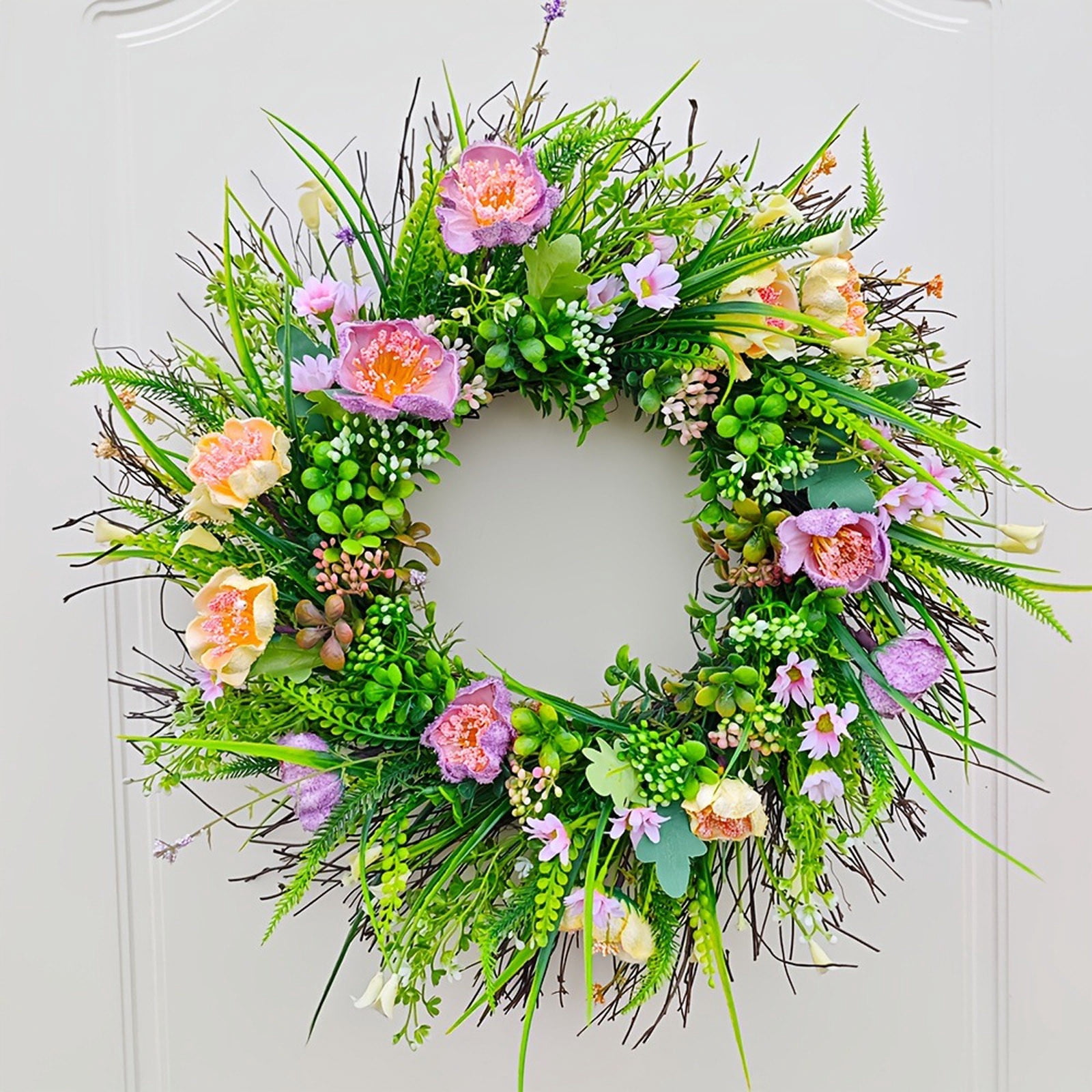 Spring Wreaths for Front Door 18 Inch - Outdoor Spring Summer Wreath with Wildflower and Green Leaves,Front Door Wreath for Farmhouse Home Porch Wall Decor