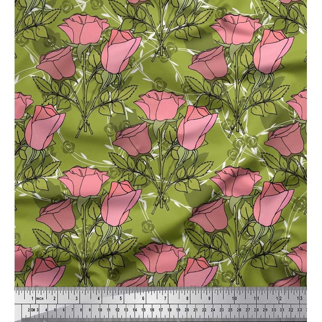 Soimoi Poly Georgette Tissu Feuilles & Fleurs Roses Tissus Imprimés par Yard 52 Pouces de Large