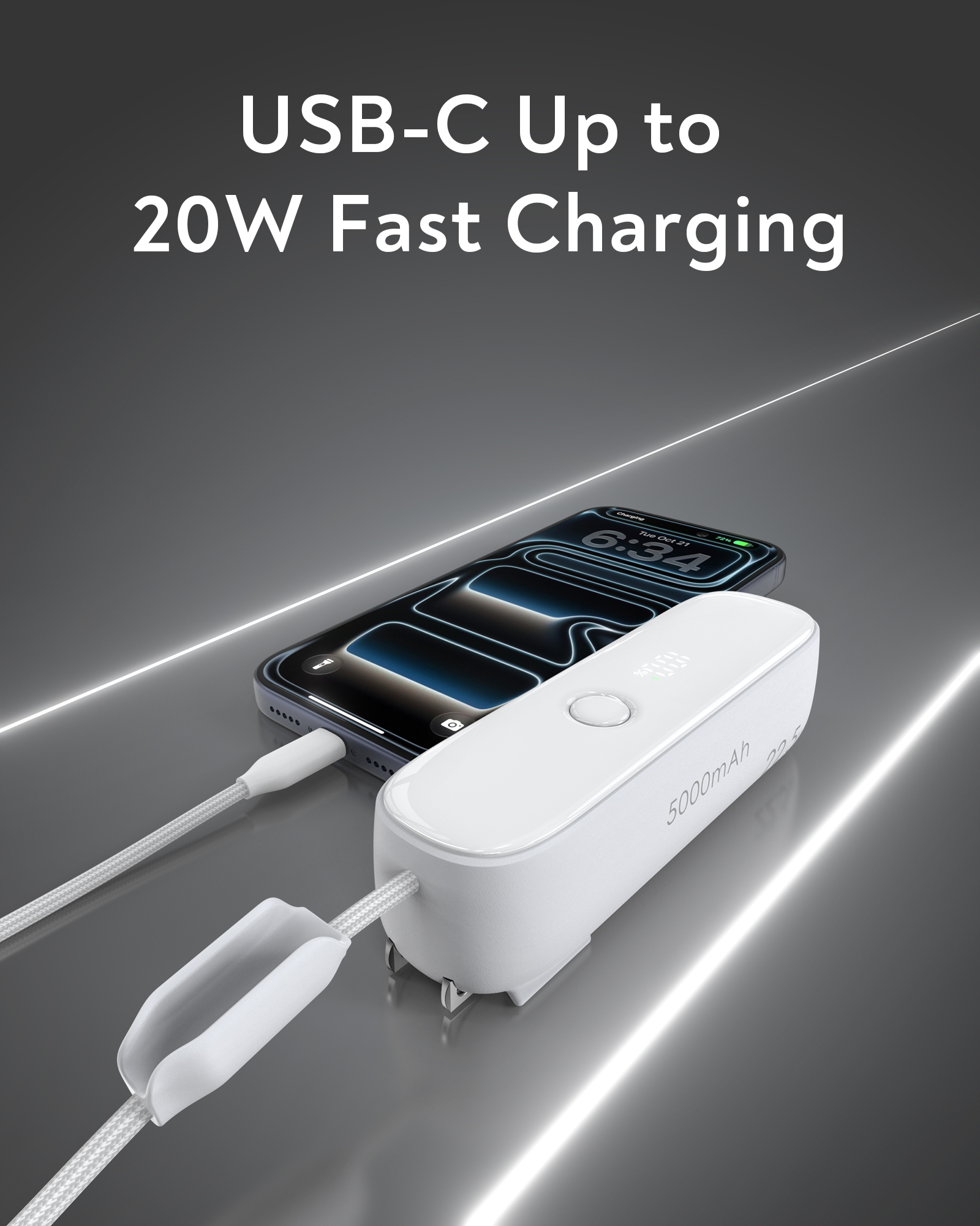 TOPADRE 22.5W Power Bank, 5000mAh Portable Charger with Built-in USB-C Cable, Foldable Plug, Dual Type-C Ports, White