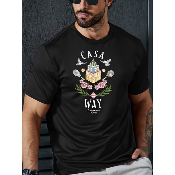 Camiseta informal con estampado creativo de Casa Way para hombre, manga corta, corte cómodo, cuello redondo, estilo urbano, ideal para uso diario.