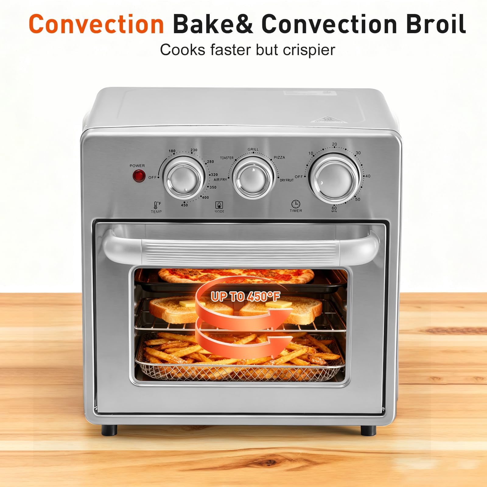 LIFERECORD 16.9QT Air Fryer Toaster Oven Combo, 5-in-1 Countertop Convection Oven with 60-Min Timer, 4 Accessories, Stainless Steel, Up to 450°F for Baking, Roasting & Air Frying