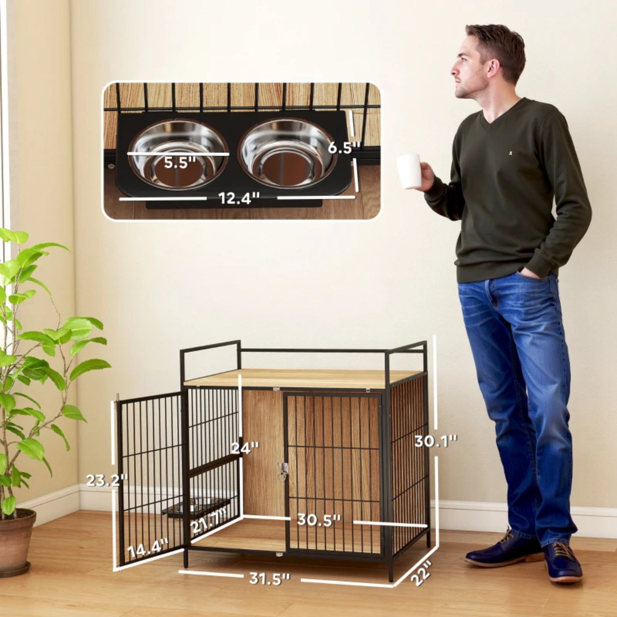 Pefilos 31" Furniture Style Dog Crate with Rotatable Feeding Bowl, 2 Anti-Escape Doors, Indoor Pet Kennel Dog Cage for Medium Dogs, Beige