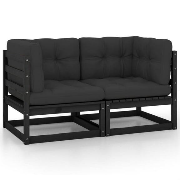 vidaXL Patio 2-Seater Sofa with Cushions Black Solid Pinewood