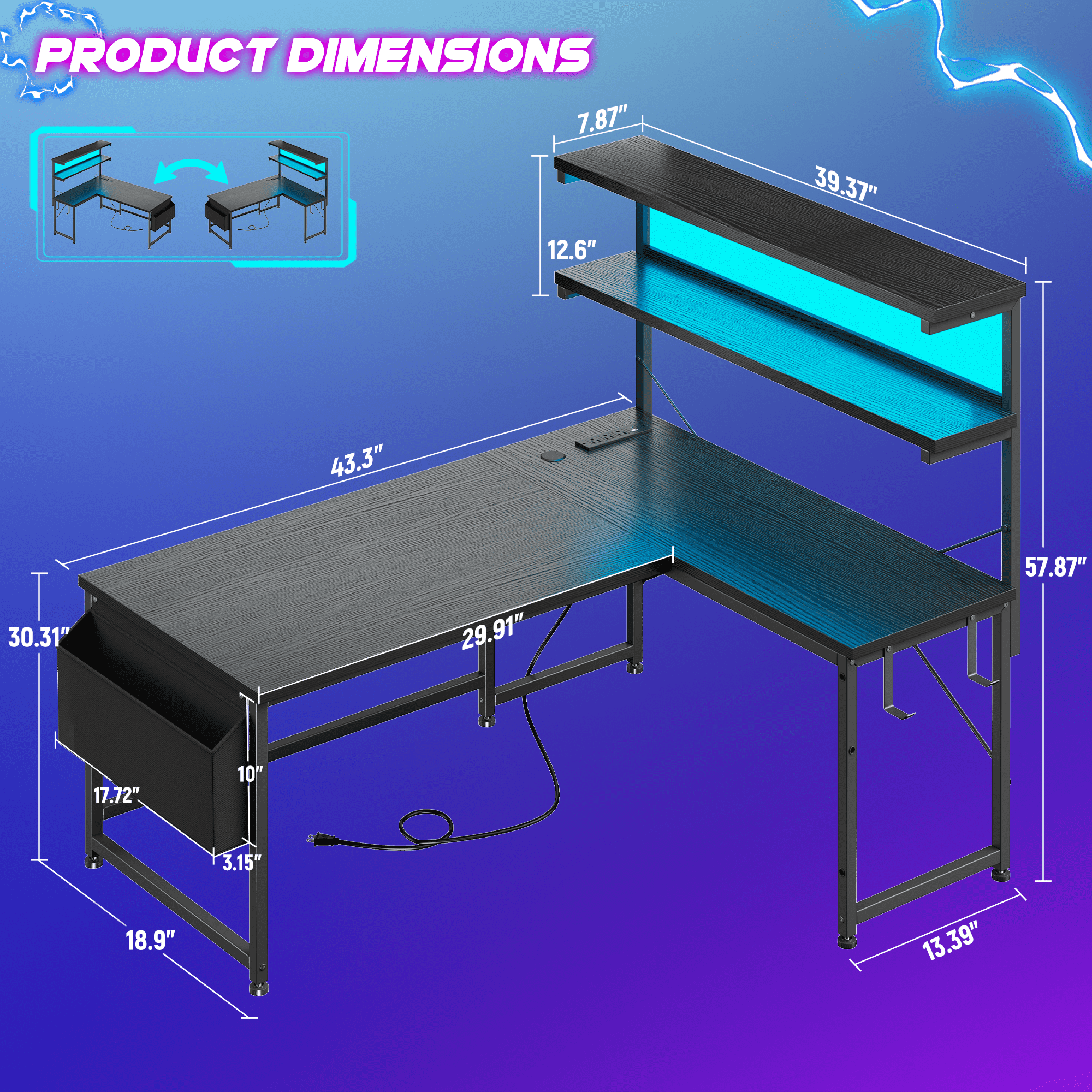 Romorgniz L Shaped Computer Desk with LED Lights & Power Outlet, Reversible 43.3"W Gaming Desk with Storage Shelf, Side Bag, Hooks for Home Office, Black